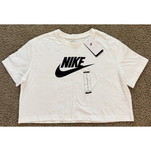 Nike Tops - Nike Sportswear Essential Womens Cropped T-Shirt White Black Logo Medium New